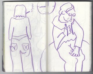 Eine Skizze einer Person, die mit dem Rücken zu ihr steht (links) und einer Person, die mit Brille und einer Hand auf der Brust sitzt (rechts), beide mit violetten Linien gezeichnet.