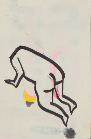 Eine minimalistische Zeichnung einer Person auf Händen und Knien, schwarz umrandet mit einigen gelben und rosa Spritzern im Hintergrund.