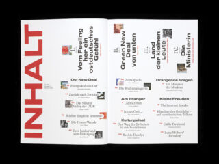 Ein Inhaltsverzeichnis einer deutschen Zeitschrift mit dem fettgedruckten roten Text „INHALT“ auf der linken Seite, Abschnittsüberschriften, Artikelnamen und Seitenzahlen, die in Spalten auf zwei weißen Seiten angeordnet sind.