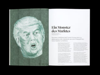 Eine Magazinstrecke zeigt eine Illustration von Donald Trumps Gesicht auf einem geldähnlichen Hintergrund und den deutschen Text mit der Überschrift „Ein Monster des Marktes“.