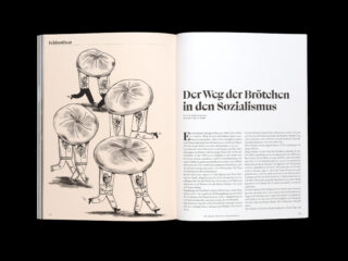 Eine Doppelseite in einem Magazin zeigt auf der linken Seite eine Abbildung von vier Brötchen mit menschlichen Beinen und Armen und auf der rechten Seite einen deutschen Artikel mit dem Titel „Der Weg der Brötchen in den Sozialismus“.