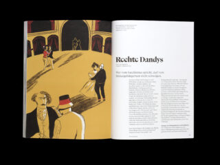 Auf einer aufgeschlagenen Zeitschriftenseite sind links Menschen in Abendgarderobe zu sehen, die in einem großen Saal tanzen, und rechts ein deutscher Artikel mit dem Titel „Rechte Dandys“.