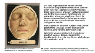 Wachsmodell eines Gesichts mit roten Pusteln.