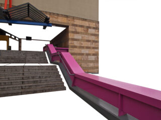 Rosa Rampe mit Handläufen neben grauen Betontreppen, neben einem beige-braunen Gebäude mit geometrischen architektonischen Merkmalen.