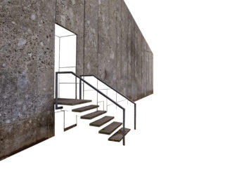 Eine Betonwand mit einer Treppe und einem Metallgeländer, die zu einer offenen Tür führt; Teile der Struktur erscheinen als unfertige Strichzeichnungen.