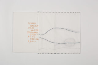 Eine weiße Leinwand mit orangefarbenem gesticktem Text befindet sich neben einem durchscheinenden Stoff mit aufgestickten Umrissen von Hügeln und Wasser in blauem und grauem Garn.