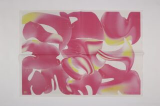 Ein Blatt Papier mit einem abstrakten Design in rosa, weißen und gelben Formen und dem Text „Strange Times“ in der unteren rechten Ecke.