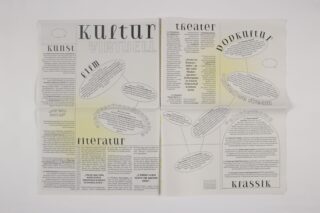 Eine Zeitungsseite mit deutschem Text mit Abschnitten zu Kultur, Kunst, Literatur, Theater, Podkultur und Klassik, einschließlich verschiedener Artikel und kreisförmig hervorgehobener Zitate.
