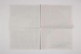 Eine Zeitungsseite mit dichtem, kleinem und überlappendem getipptem Text in verschiedenen Ausrichtungen, wodurch auf weißem Hintergrund ein abstraktes und unleserliches Layout entsteht.