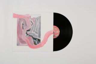 Eine schwarze Vinyl-Schallplatte gleitet teilweise aus einem weißen Albumcover mit abstraktem rosa und grauem Artwork und einem sich über das gesamte Cover erstreckenden Wellenmuster.