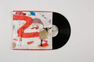 Eine schwarze Vinyl-Schallplatte gleitet teilweise aus einer Hülle mit abstrakten Mustern in Rot, Weiß und Rosa, auf deren Vorderseite das ausgeschnittene Bild eines Schafs zu sehen ist.
