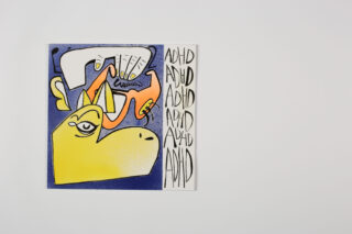 Eine farbenfrohe abstrakte Zeichnung mit einem gelben Gesicht und dem wiederholten Text „ADHS“ auf weißem Hintergrund.