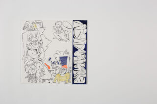 Ein illustriertes Albumcover mit überwiegend schwarzweißen Cartoonfiguren und teilweiser Kolorierung sowie stilisiertem Text auf einem marineblauen vertikalen Streifen entlang der rechten Seite.