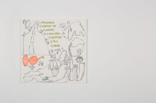 Eine weiße Leinwand zeigt abstrakte Strichzeichnungen von Tieren, Objekten und Formen, mit einer Liste von sechs handschriftlichen Titeln und einem orange schattierten Bereich. Die Leinwand ist auf einem schlichten weißen Hintergrund zentriert.