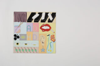 Ein Raster aus farbenfrohen Illustrationen, darunter Klaviertasten, die Buchstaben „ADHS“, Lippen mit einer Zigarette, ein Ohr, Augen, Flammen und verschiedene abstrakte Symbole auf einem beigen Hintergrund.