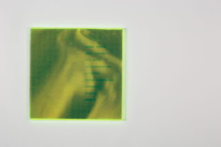 Ein quadratisches, durchscheinendes grün-gelbes Objekt mit schwachem Text darauf ist auf einem schlichten weißen Hintergrund zentriert.