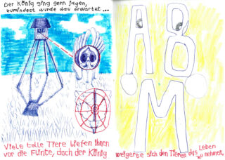 Eine zweigeteilte Handzeichnung: Links sind ein Stativ, eine Eule und Zielvisiere zu sehen; rechts ist in großen Buchstaben „ABÖM“ umrandet. Oben und unten steht auf beiden Seiten deutscher Text.