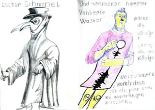Zeichnung eines Pestarztes mit Schnabelmaske und Umhang auf der linken Seite und einer Figur in einem rosa Kittel mit handgeschriebenem deutschem Text auf der rechten Seite.