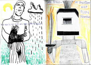 Links eine Schwarzweißzeichnung einer behandschuhten Person auf einem Feld und rechts eine farbige gepanzerte Figur mit kastenförmigem Helm und Schwert, mit deutschem und englischem Text.