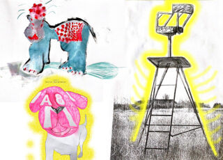 Eine Collage mit einem abstrakten Tier in Blau und Rot, einem rosa Hund mit „A8“ auf dem Kopf und einem schwarz-weißen Rettungsschwimmerstuhl mit gelber Umrandung auf einer Wiese.