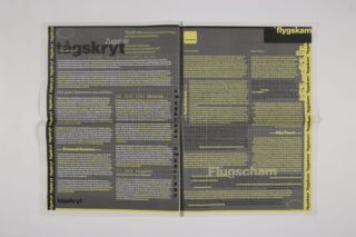 Eine Doppelseite im Magazin enthält dichten deutschen Text in Schwarz und Gelb mit fettgedruckten Abschnittsüberschriften wie „Zugstolz“, „tågskryt“ und „flygskam“.