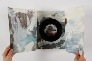 Eine Person hält ein aufklappbares Albumcover mit abstraktem Eiskunstwerk und einer Schallplatte mit dem Bild eines Affen in der Mitte offen.