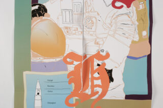 Ein illustrierter Astronaut in einem Raumanzug ist von farbenfrohen abstrakten Formen umgeben, mit einer Liste und einem Diagramm von Raketenstufen mit den Bezeichnungen Hangar, Bacalou, Dolos und Gripagaur unten links.