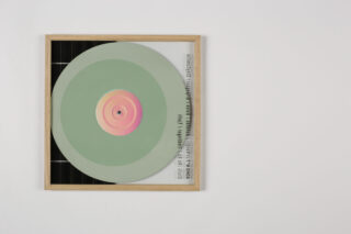 Vor einem weißen Hintergrund wird ein gerahmtes Kunstwerk mit überlappenden grünen und rosa Kreisen angezeigt, die einer Schallplatte ähneln, mit Text am rechten Rand.