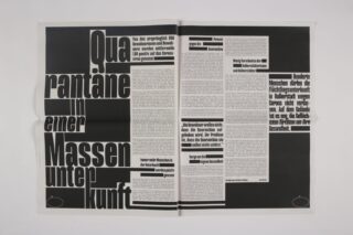 Eine deutsche Magazinstrecke besteht aus fettem Schwarzweißtext mit der Überschrift „Quarantäne in einer Massenunterkunft“ und mehreren Blöcken mit kleineren Textartikeln.