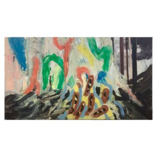 Abstraktes Gemälde mit farbenfrohen, wellenförmigen Pinselstrichen und braunen ovalen Formen auf überwiegend dunklem Hintergrund mit einem Hauch von Grün, Blau, Rot und Gelb.