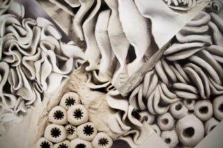 Nahaufnahme abstrakter, weißer Skulpturen, die gefaltetem Stoff, gerüschten Rändern und kreisförmigen Mustern mit Öffnungen in der Mitte ähneln.