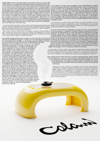 Ein moderner, leuchtend gelber Tisch mit einem schwarzen, runden Objekt, aus dem Dampf strömt; dahinter befindet sich ein dichter deutscher Text und die stilisierte Signatur „Colani“.