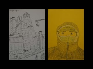 Neben einer Schwarzweißskizze von New Yorker Gebäuden ist ein gelb getöntes Porträt einer Person mit Kapuze und Gesichtsmaske zu sehen.