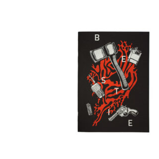 Ein schwarzer Buchumschlag mit roten abstrakten Linien und Abbildungen eines Revolvers, einer Axt, eines Walkie-Talkies und anderer Objekte, um die herum die Buchstaben B, E, S, I und E angeordnet sind.