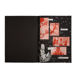 Offener Graphic Novel mit schwarzer linker Seite und roter und schwarzer Comic-Panels mit Menschen, einem Haus und Schnee sowie Dialogen in weißen Sprechblasen.