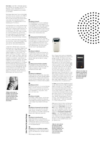 Ein schwarz-weißes Zeitschriftenlayout mit deutschem Text, einem Foto eines älteren Mannes mit Brille, einem weißen elektronischen Gerät, einem schwarzen Taschenrechner und einem gepunkteten Design in der oberen rechten Ecke.