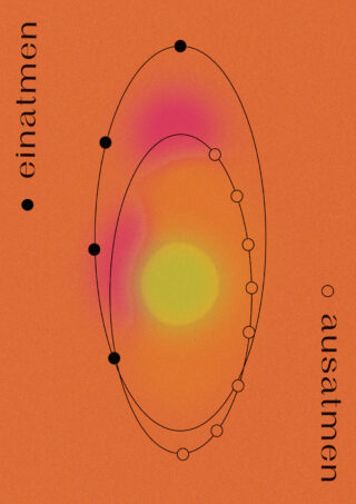 Abstrakte Grafik mit zwei elliptischen Bahnen um ein helles Farbverlaufszentrum; schwarze und weiße Punkte markieren Punkte auf den Bahnen. Der Text „einatmen“ und „ausatmen“ steht vertikal an den Seiten.