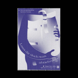 Ein stilisiertes Plakat zeigt eine Person, die einen großen, schweren Rucksack hält, mit dem deutschen Text „Lass dir doch was abnehmen.“ und Informationen zur psychischen Gesundheit in der oberen linken Ecke.