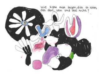 Abstrakte schwarze, weiße und bunte Formen mit Blumenmotiv; Der deutsche Text oben lautet: „Wie kann man sagen, das ist schön, das darf sein und das nicht?“.