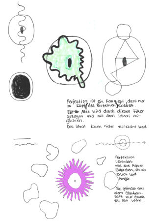 Handgezeichnete abstrakte Formen mit deutschem handgeschriebenem Text, der sich mit Perfektion, individueller Existenz und den Auswirkungen von Druck, Wänden und Wolken befasst.