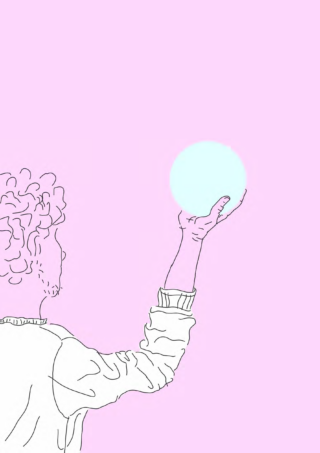 Strichzeichnung einer Person mit lockigem Haar, die eine leuchtend blaue Kugel vor einem einfarbig rosa Hintergrund hochhält.