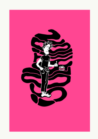 Schwarz-weiss Illustration auf pinkfarbigem Grund.