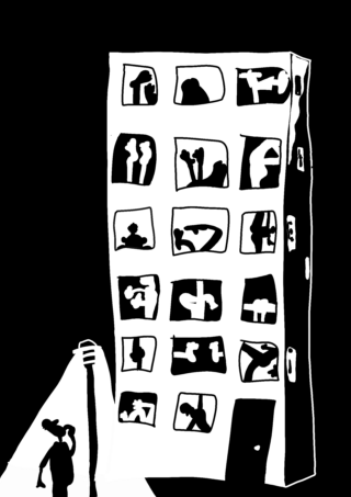 Schwarz-Weiß-Illustration eines Wohnhauses mit Silhouetten in jedem Fenster und einer Person, die im Vordergrund unter einer Straßenlaterne steht.