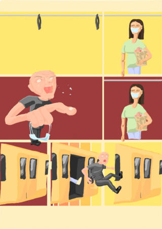 Ein Mann schreit eine Frau, die eine Maske trägt und Lebensmittel in der Hand hält, in einem Zug wütend an, bevor er aus dem Zug geworfen wird, während sie ruhig bleibt.