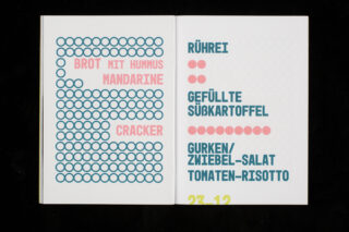 Offenes Buch mit Seiten und minimalistischem Menüdesign in deutscher Sprache, mit fettem Text, kreisförmigen Mustern und weißem Hintergrund.