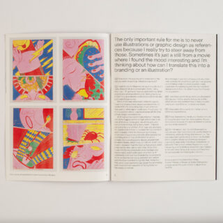 Ein offenes Buch zeigt auf der linken Seite sechs farbenfrohe abstrakte Illustrationen und auf der rechten Seite Text über Grafikdesign und Illustrationspraktiken.