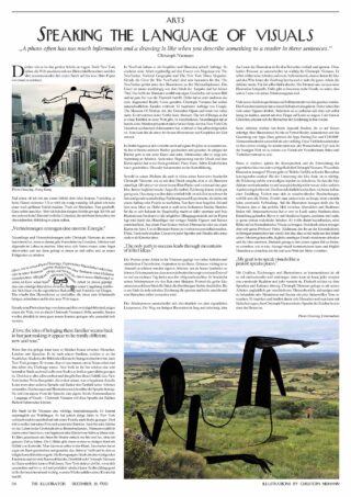 Auf einer Zeitungsseite finden sich Artikel über Bildsprache und Kunst, begleitet von Illustrationen abstrakter schwarzer Figuren, die in städtische und ländliche Landschaften integriert sind.