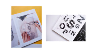 Zwei offene Bücher: eines zeigt eine Handzeichnung über einem Löwenfoto, das andere zeigt abstrakte schwarz-weiße Buchstabenmuster auf einer Seite.