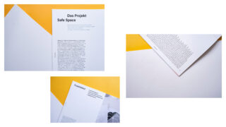 Drei minimalistische Broschürenlayouts mit gelbem und weißem Hintergrund, mit deutschen Textblöcken und geometrischen Designelementen.