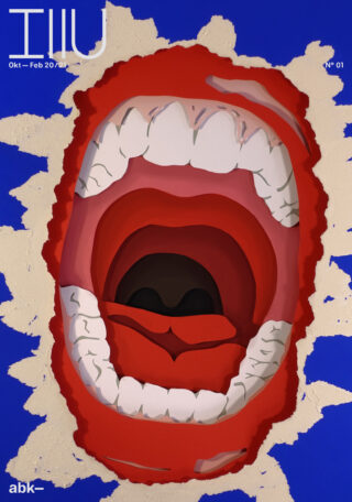 Eine Illustration eines weit geöffneten Mundes mit sichtbaren Zähnen und Zunge vor einem abstrakten blau-beigen Hintergrund, abgebildet auf einem Zeitschriftencover.